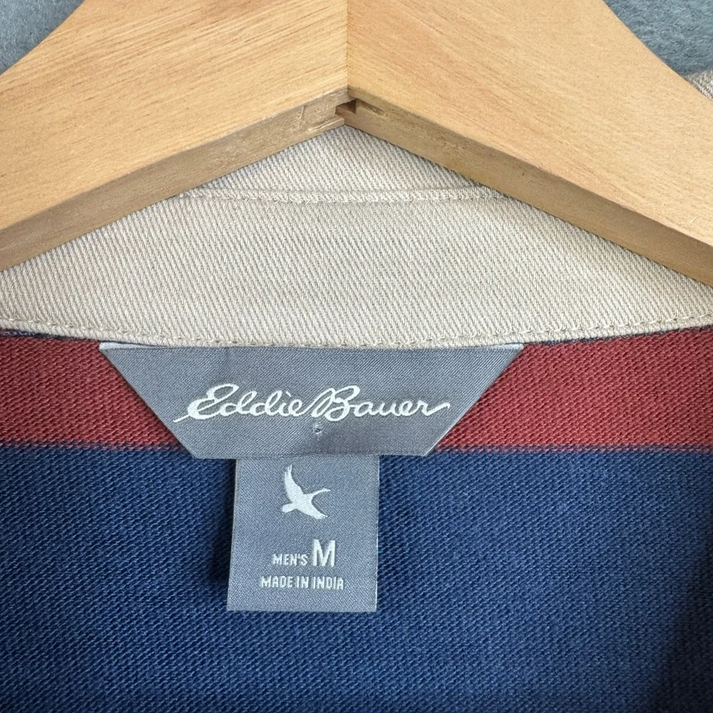 Eddie Bauer Mens‎ Rugby Shirt Medium Red Navy Blue Striped Long Sleeve Cotton